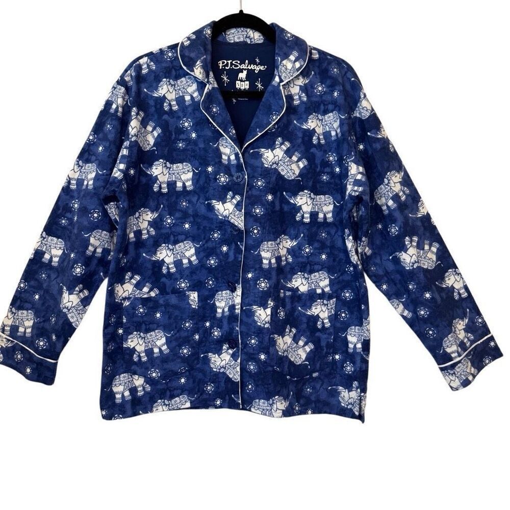 P.J. Salvage Blue Elephant Print Cotton Flannel Oversized‎ Pajama Top Size S